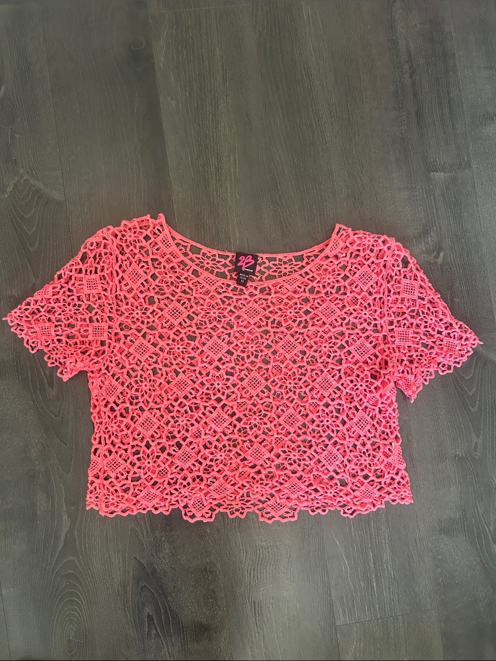 Y2K 2000’s 2b bebe Coral Pink Crochet Lace Knit Top Festival Boho Crop /Size XS